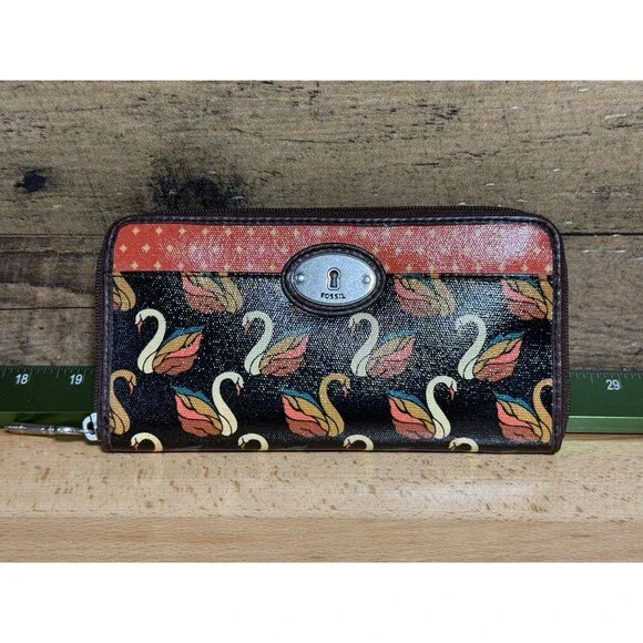 NEW Authentic Fossil Key-Per Brown/Orange Swan Print Card Wallet Fall Colors - Picture 2 of 16